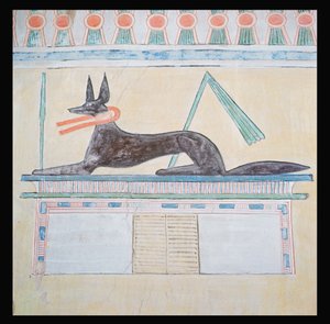 Anubis, deus egípcio dos mortos, deitado em cima de um sarcófago, pintura de parede no Vale do Templo da Pirâmide de Menkaure, Old Kingdom, c.2613-2494 aC (pintura de parede)